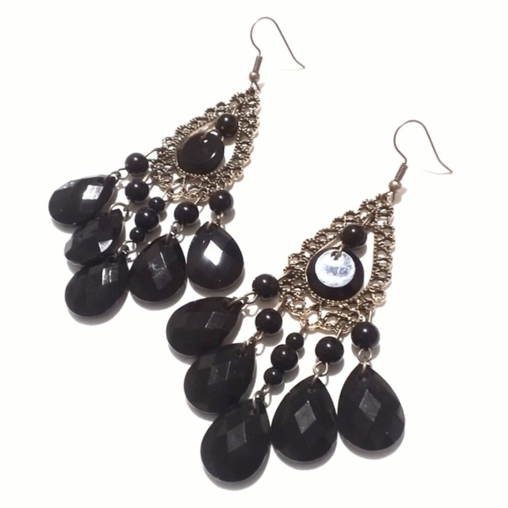 Gunmetal Silver Filigree and Black Bead Chandelier Earrings - Picture 7 of 8